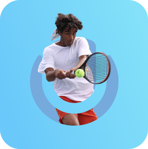 Blue square with rounded edges and the UTR logo cut out with a male tennis player in a white t shirt hitting the ball with a racquet