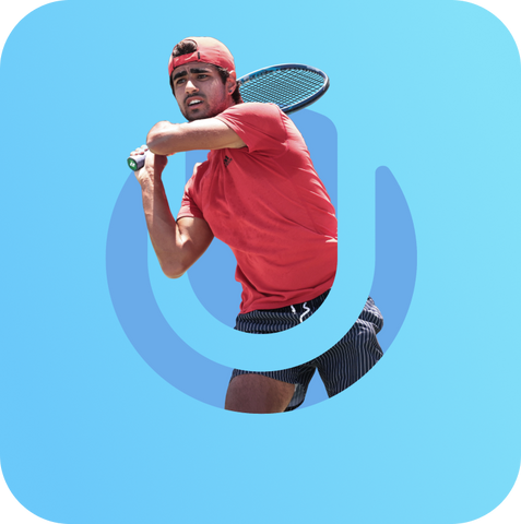 Blue square with rounded edges and the UTR logo cut out with a male tennis player in a red top and hat with a racquet swinging behind his head