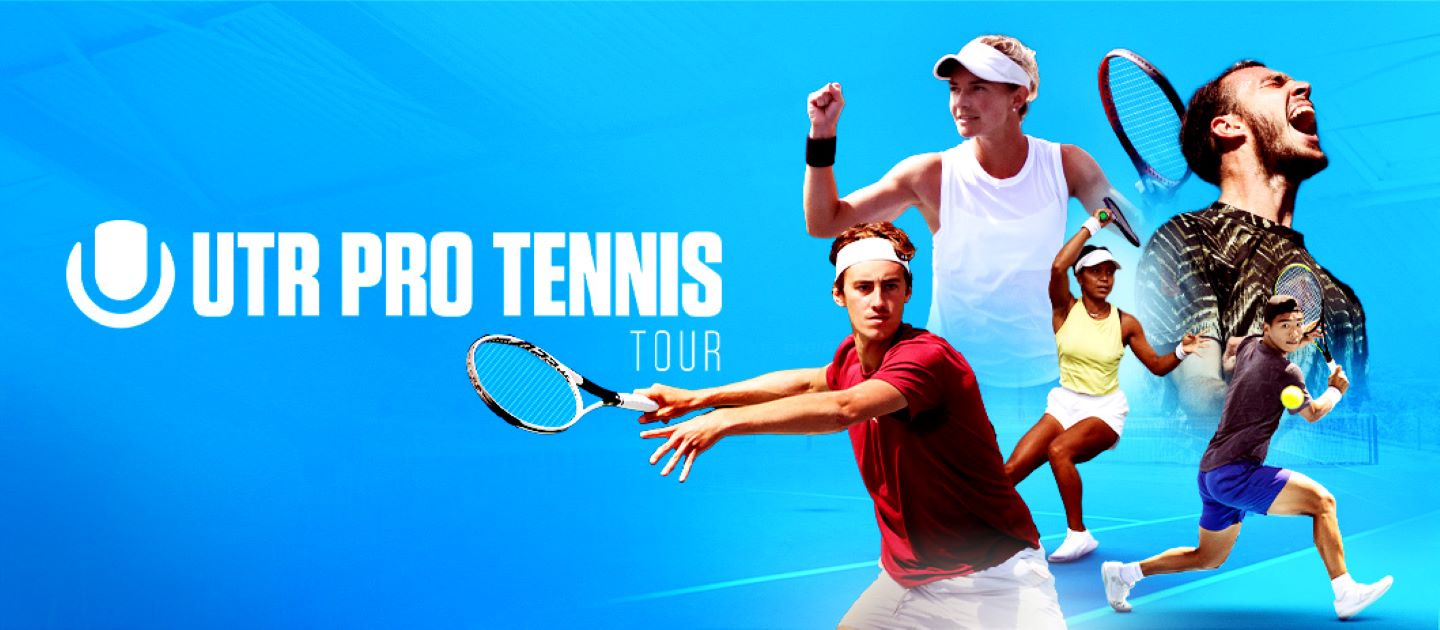 UTR Pro Tennis Tour advert graphic with 5 tennis players on a blue background image