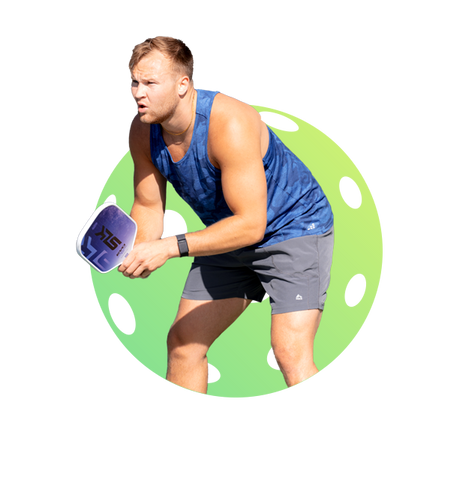 Young man wearing blue tanktop improves his UTR Pickleball Rating while playing a pickleball tournament with UTR Sports
