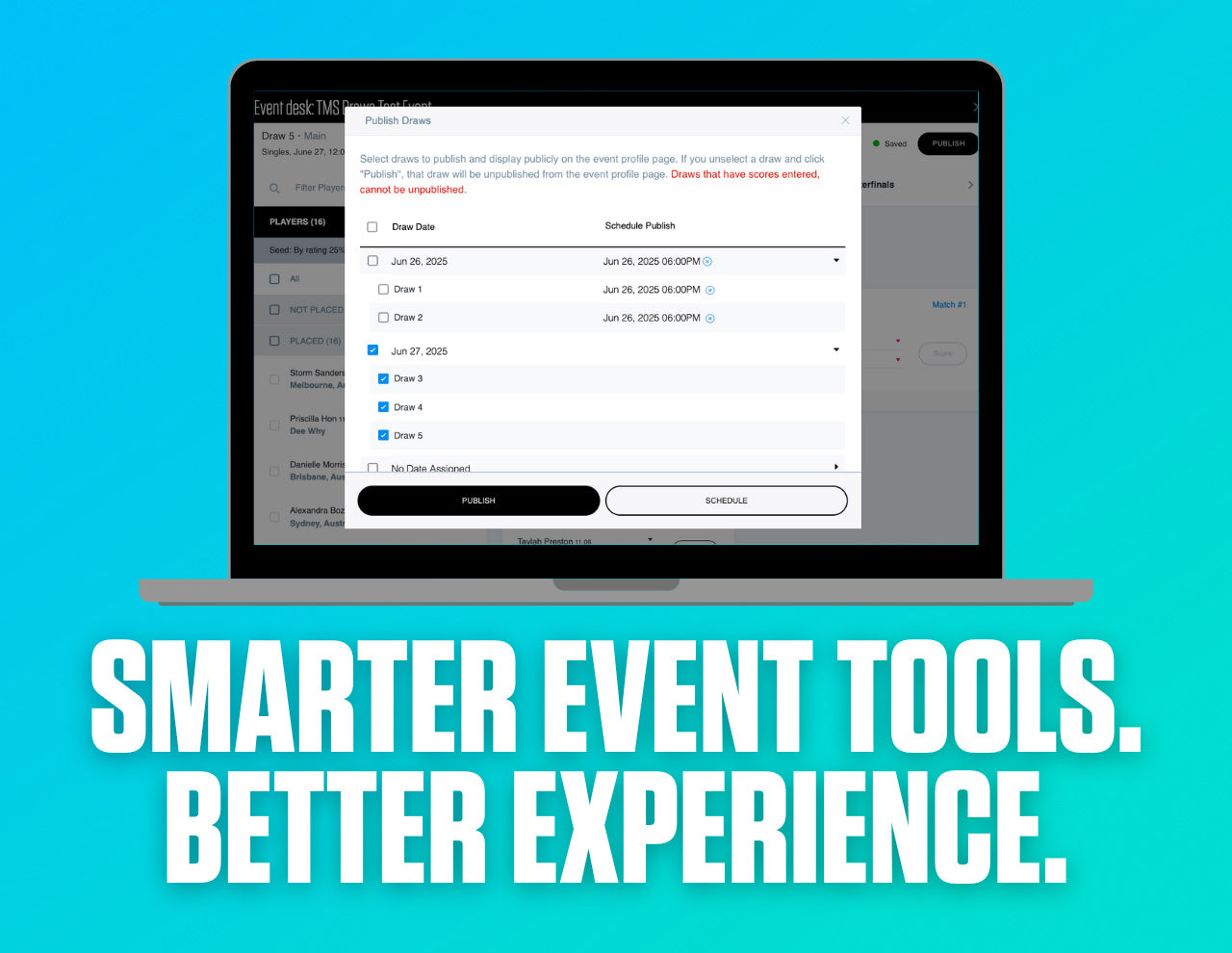 Laptop screen displaying event scheduling software with promotional text 'Smarter Event Tools. Better Experience.